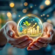 Handen houden gloeiende bol met groei symbolen vast in moderne kantooromgeving, concept persoonlijke ontwikkeling