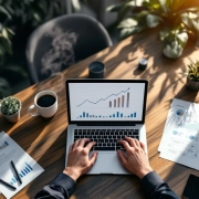 Persoon typt op laptop met productiviteitscharts op modern houten bureau met koffie en werkstroom diagrammen