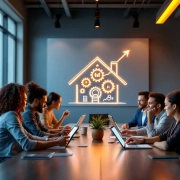 Diverse professionals collaboreren rond moderne vergadertafel met productiviteitscharts en werkkapaciteit-visualisatie