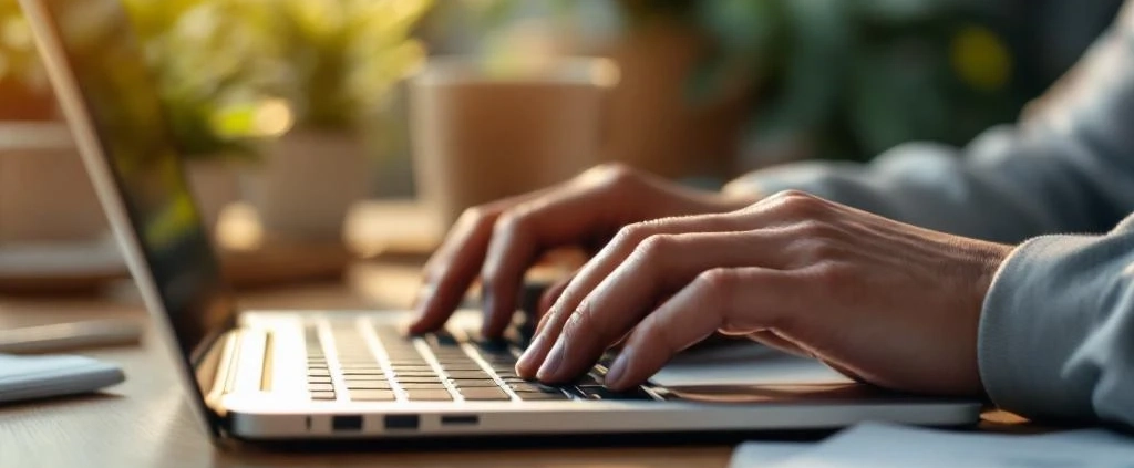 Professionele handen typen op moderne laptop in duurzame werkruimte met groene planten en natuurlijk licht