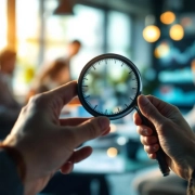 Professionele handen met precisie-meetinstrument in moderne kantooromgeving met collega's op achtergrond