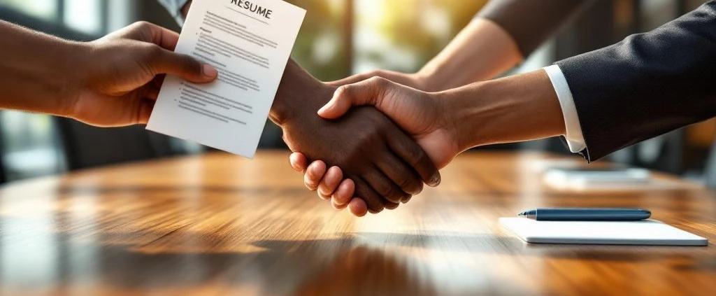 Diverse handen rond houten vergadertafel met cv, tablet en pen tijdens sollicitatieprocedure in modern kantoor