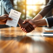 Diverse handen rond houten vergadertafel met cv, tablet en pen tijdens sollicitatieprocedure in modern kantoor