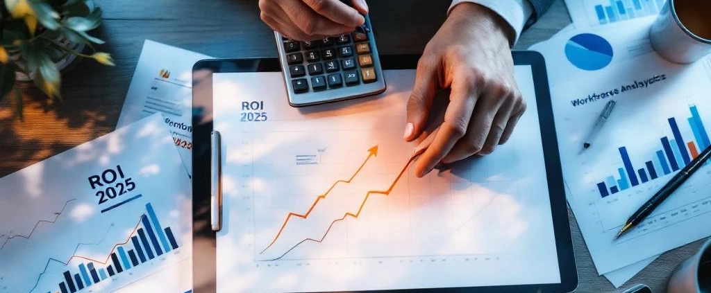 Financiële calculator toont "ROI 2025" op modern bureau met grafieken, tablet met analytics en zakelijke handen met pen