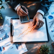 Financiële calculator toont "ROI 2025" op modern bureau met grafieken, tablet met analytics en zakelijke handen met pen