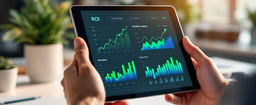 Handen houden tablet met ROI-analytics en werkplezier grafieken, stijgende trendlijnen in groen en blauw op kantoorbureau