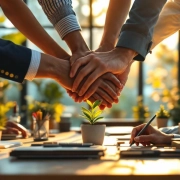 Diverse professionele handen komen samen boven bureau met plant, warme natuurlijke verlichting, kantooromgeving