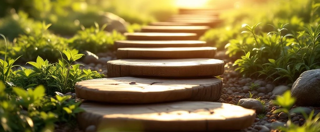 Zes houten stapstenen in oplopend pad naar gouden horizon, omgeven door groen landschap met natuurlijk zonlicht