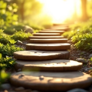 Zes houten stapstenen in oplopend pad naar gouden horizon, omgeven door groen landschap met natuurlijk zonlicht