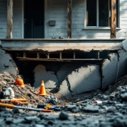 Beschadigd huisfundament met scheuren en instabiele balken, bouwgereedschap en veiligheidsuitrusting eromheen