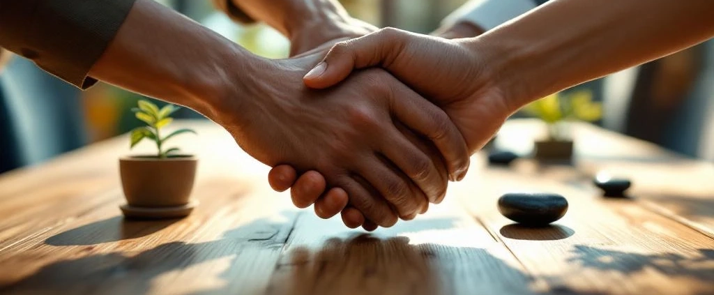 Diverse handen komen samen boven houten vergadertafel met plant en stenen, symboliserend teamwork en duurzaamheid