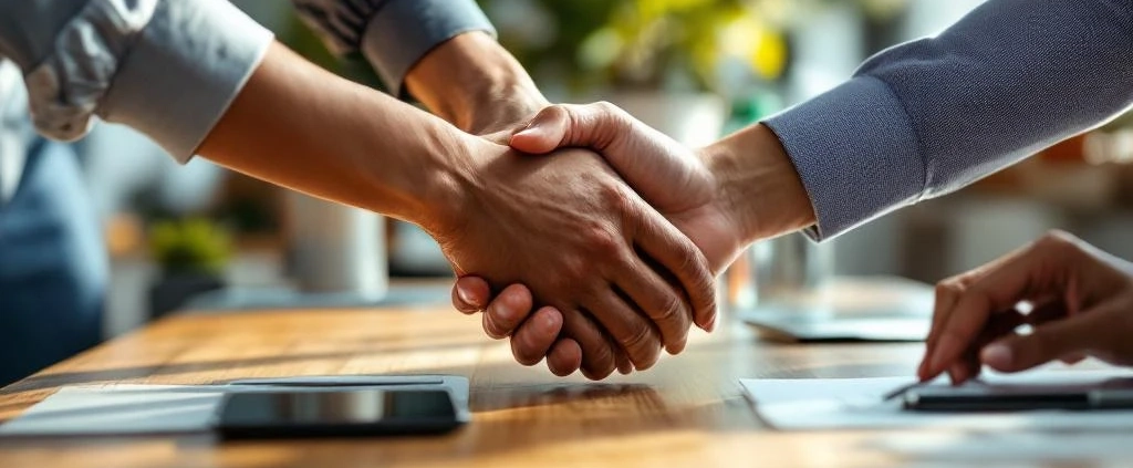 Diverse handen komen samen boven houten vergadertafel in modern kantoor met plant en werkplek welzijn elementen