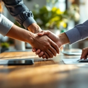 Diverse handen komen samen boven houten vergadertafel in modern kantoor met plant en werkplek welzijn elementen