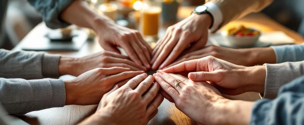 Diverse handen van collega's vormen cirkel tijdens teammeeting, symboliseert eenheid in moderne kantooromgeving