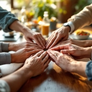 Diverse handen van collega's vormen cirkel tijdens teammeeting, symboliseert eenheid in moderne kantooromgeving
