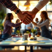 Diverse handen komen samen boven moderne vergadertafel in levendig kantoor met professionals en natuurlijk licht