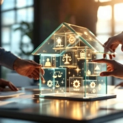 Diverse professionals bouwen samen glazen blokkenstructuur met wellness-iconen op moderne vergadertafel in kantoor