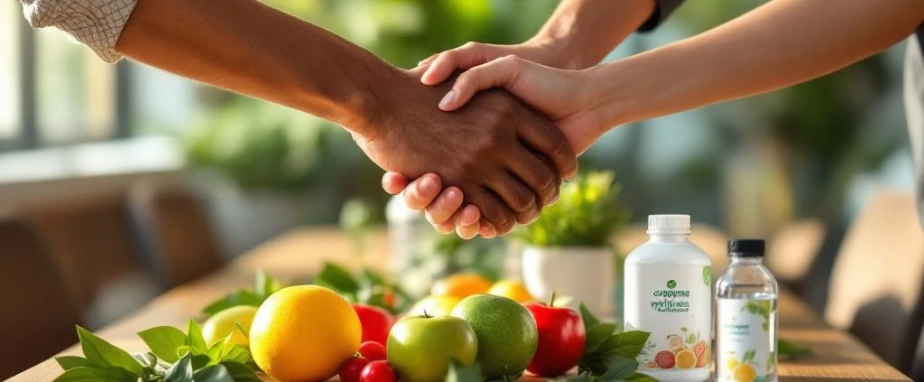 Diverse handen komen samen boven houten vergadertafel met groene planten, symboliseert teamwork en welzijn op werkplek