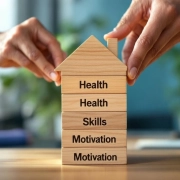 Diverse handen stapelen houten blokken tot huisfundament in modern kantoor, symboliserend samenwerking en ontwikkeling