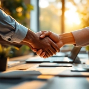 Diverse handen komen samen in samenwerkingsgebaar op modern kantoorbureau met warme verlichting en plantje