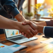 Diverse handen komen samen boven houten bureau met laptop, grafieken en plant in warm kantoorlicht