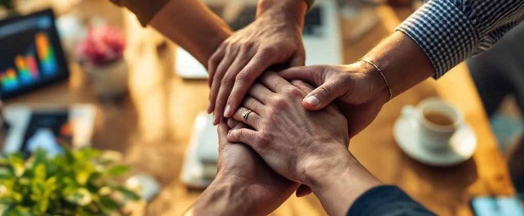 Diverse handen komen samen boven moderne bureautafel met laptop, plant en koffie in warme kantooromgeving
