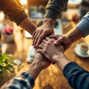 Diverse handen komen samen boven moderne bureautafel met laptop, plant en koffie in warme kantooromgeving