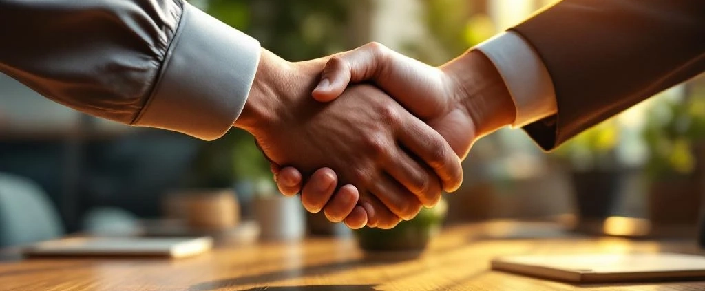 Diverse handen komen samen boven houten vergadertafel in duurzaam kantoor met natuurlijk licht en groene planten