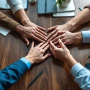 Diverse handen die samenkomen in teamwerk gebaar op houten vergadertafel met kantoorbenodigdheden in moderne werkruimte