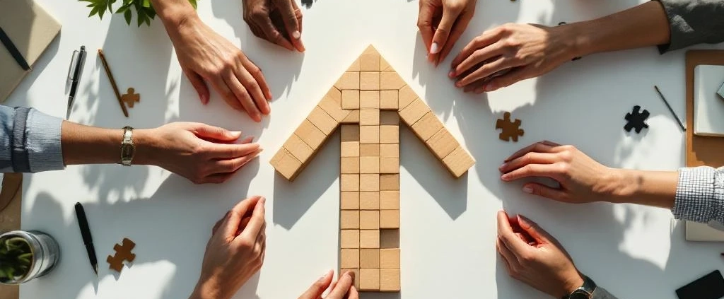 Diverse handen bouwen samen houten blokken tot pijl omhoog op wit bureau met puzzelstukjes en plant, teamwerk concept