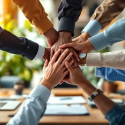 Diverse handen komen samen in teamwork gebaar boven moderne werkplek met laptops en planten in kantooromgeving