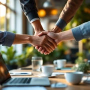 Diverse handen komen samen in teamwork gebaar op moderne werkplek met laptops en warme natuurlijke verlichting