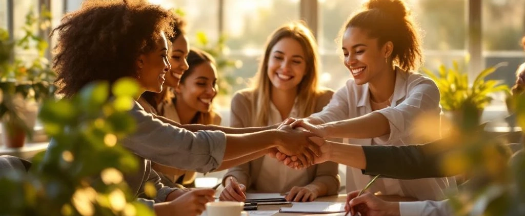 Diverse professionele handen komen samen boven houten bureau in licht kantoor met planten en koffiekopjes