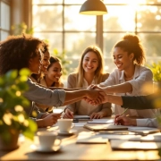 Diverse professionele handen komen samen boven houten bureau in licht kantoor met planten en koffiekopjes