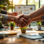 Diverse handen die samenkomen boven houten vergadertafel in duurzaam kantoor met planten en natuurlijk licht