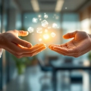 Twee professionele handen reiken naar elkaar met transparante elementen ertussen in moderne kantooromgeving