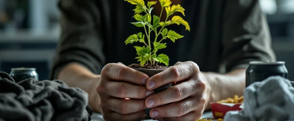 Vermoeide handen houden verwelkte plant vast op rommelig kantoorbureau met energiedrankjes en fastfood