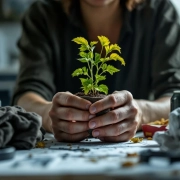 Vermoeide handen houden verwelkte plant vast op rommelig kantoorbureau met energiedrankjes en fastfood