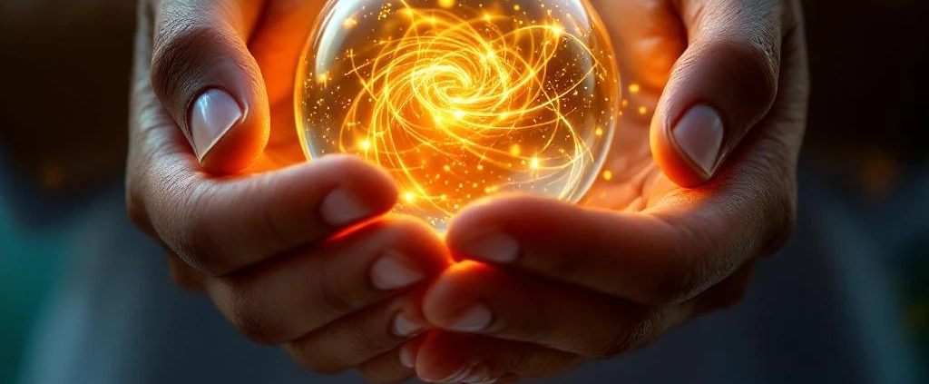 Handen beschermen gloeiende energiebol met gouden deeltjes, symboliseert vitaliteit en welzijn