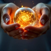 Handen beschermen gloeiende energiebol met gouden deeltjes, symboliseert vitaliteit en welzijn