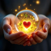 Gevouwen handen houden gloeiende bol met hart, bladeren en energiegolven vast, symboliseert vitaliteit en welzijn