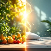 Gesplitst beeld toont levendige groene planten en fruit links, serene meditatieruimte rechts, verbonden door lichtdeeltjes