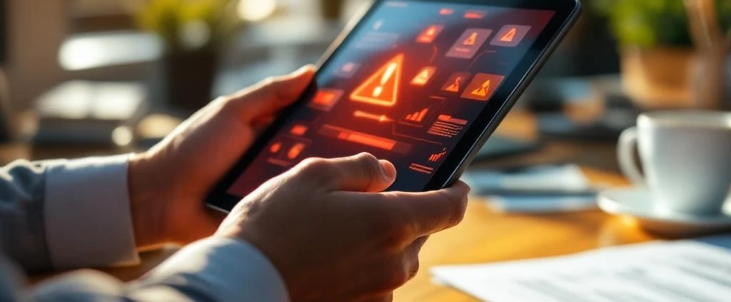 Professionele handen houden tablet vast met rode waarschuwingssymbolen op modern kantoorbureau met documenten