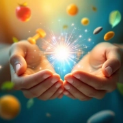 Handen houden gloeiende energiebol omringd door wellness symbolen zoals fruit, halters en bladeren op kleurrijke achtergrond