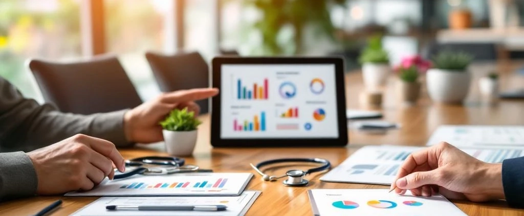 Moderne vergaderruimte met wellnessevaluatie-instrumenten op houten tafel, inclusief gezondheidsformulieren en digitale grafieken