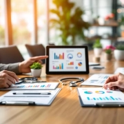 Moderne vergaderruimte met wellnessevaluatie-instrumenten op houten tafel, inclusief gezondheidsformulieren en digitale grafieken