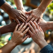 Diverse handen komen samen in ondersteunende cirkel met zachte verlichting, wellness elementen op achtergrond