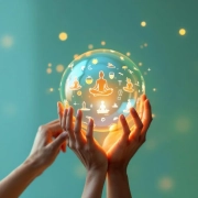 Diverse handen reiken naar gloeiende bol met 2026 wellness trends: meditatie, gezond eten en fitness hologrammen