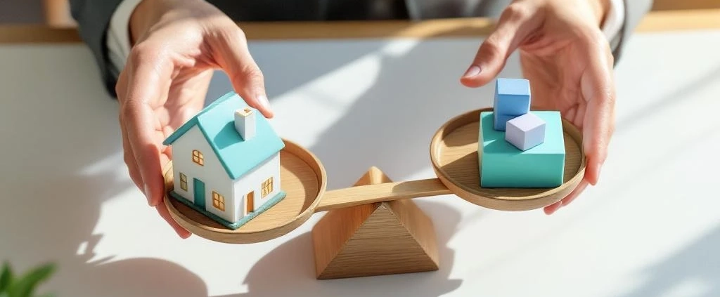 Professionele handen houden weegschaal vast met miniatuur huis (werkvermogen) en blokken (werkbelasting) op wit bureau