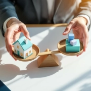 Professionele handen houden weegschaal vast met miniatuur huis (werkvermogen) en blokken (werkbelasting) op wit bureau